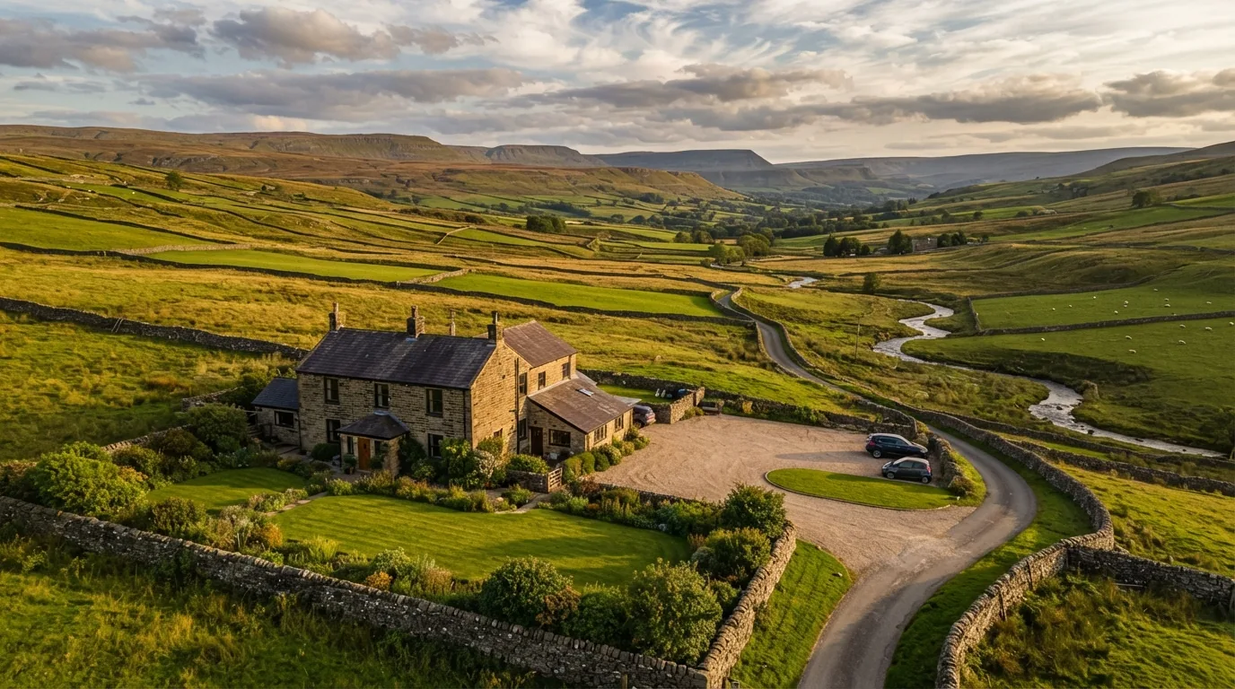 The house from above, with the dale and the fells behind