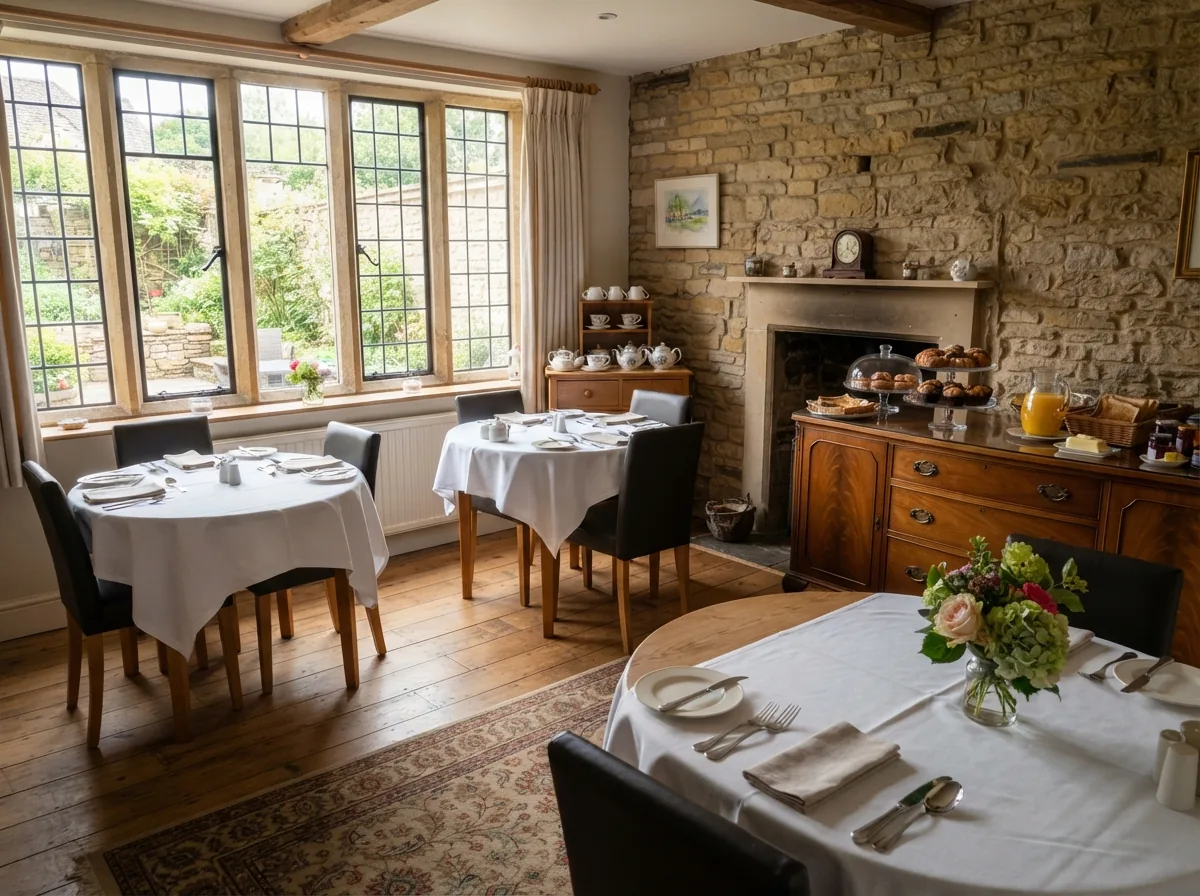The breakfast room with tables laid and morning light coming in