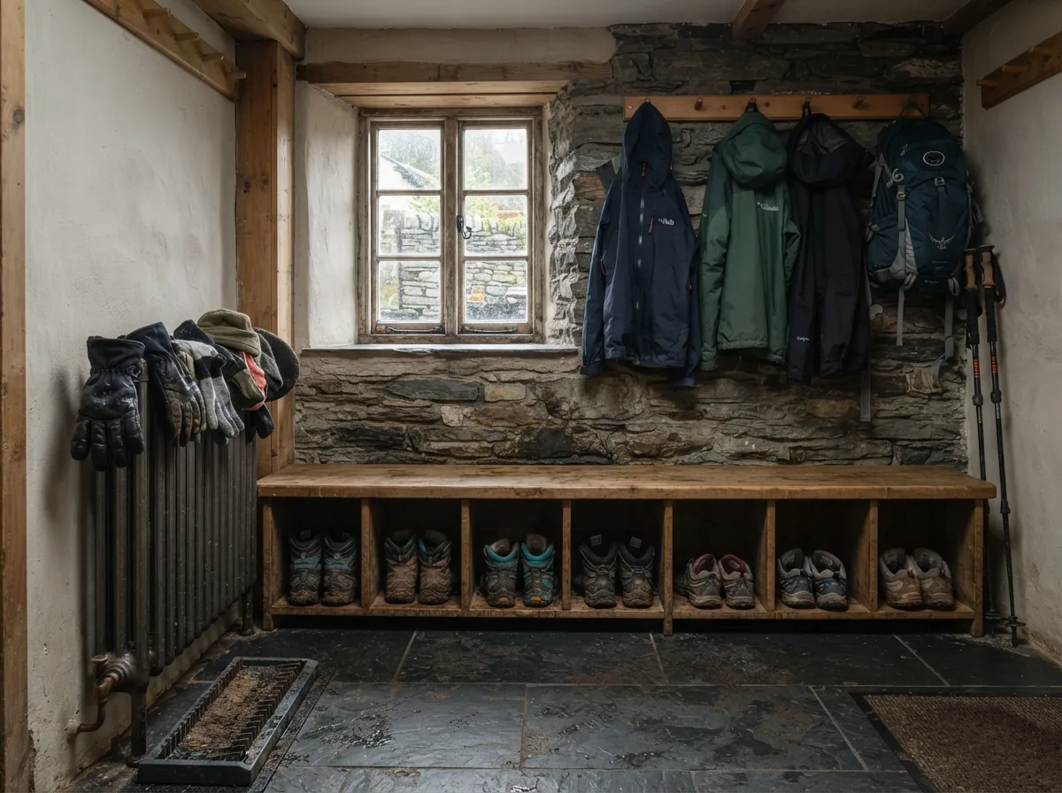 The boot and drying room with walking boots and coats on pegs