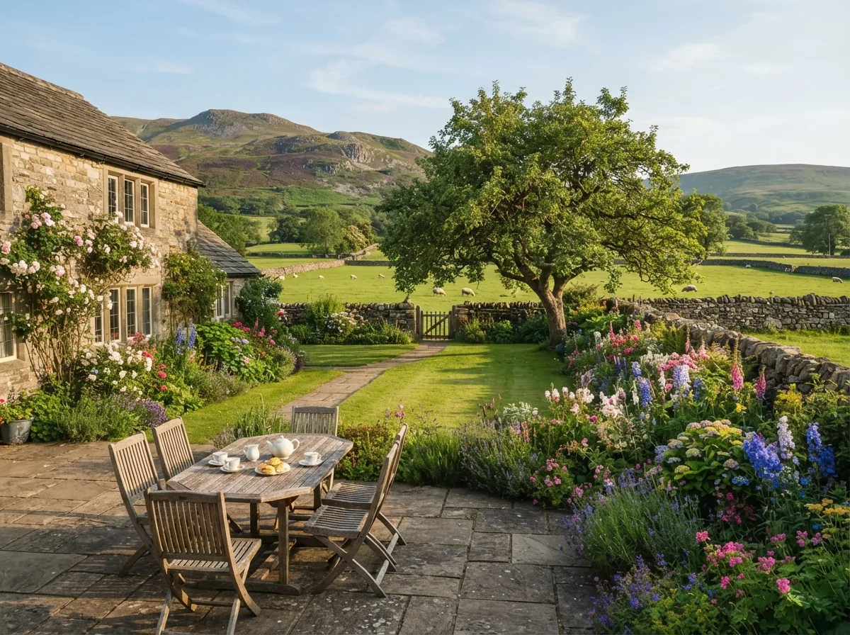 The garden terrace looking out over the lawn and fields