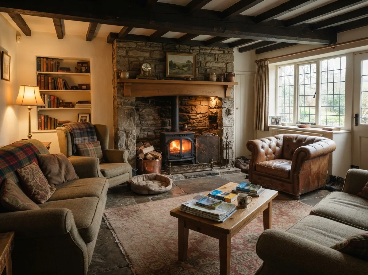 The guest lounge with a lit wood burner and deep sofas