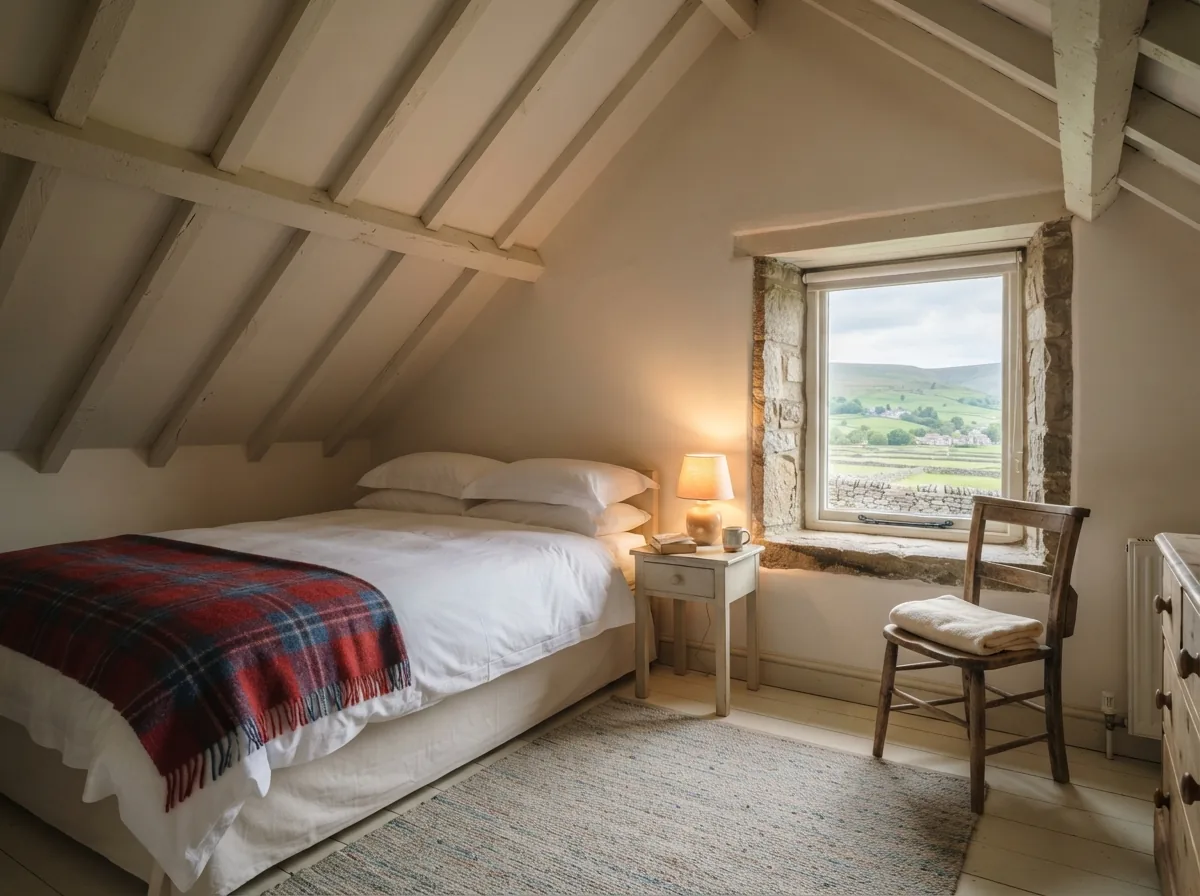 An attic bedroom with exposed beams and a dormer window