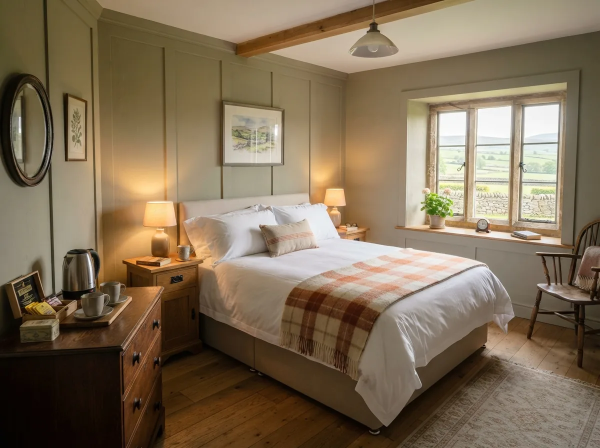A double bedroom with a view over the fields