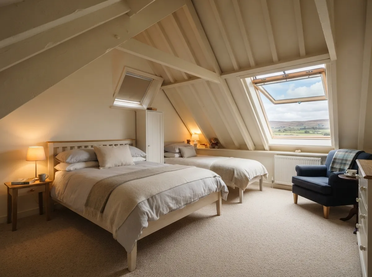 A family room in the roof with a double and a single bed