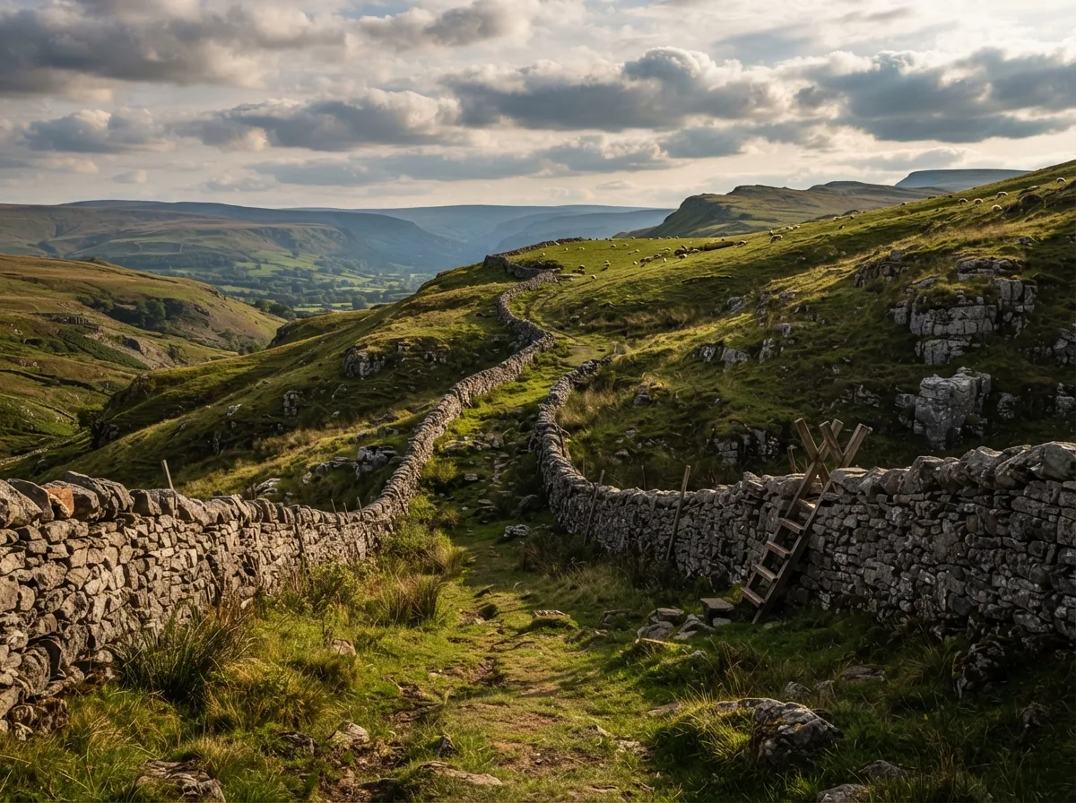 A footpath climbing between drystone walls on a Dales fellside