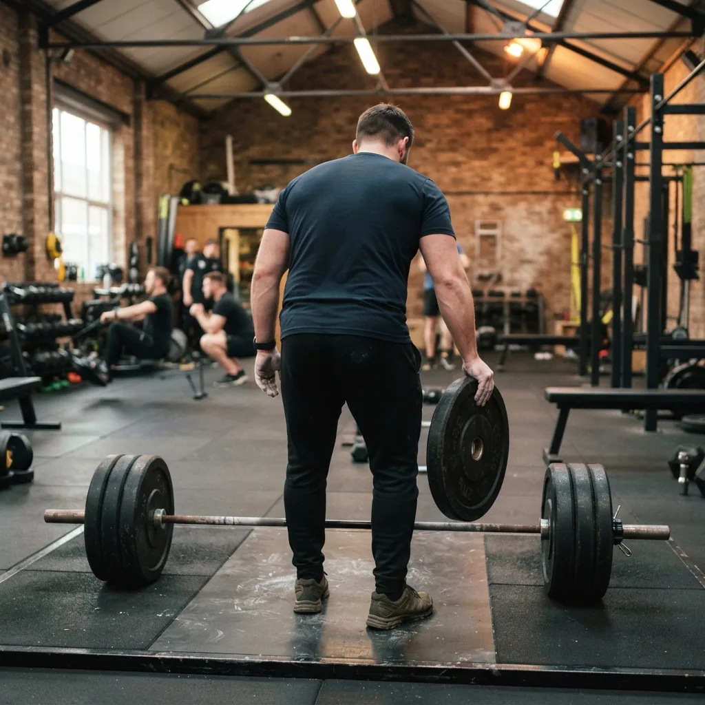 A coach setting up a barbell on the gym floor