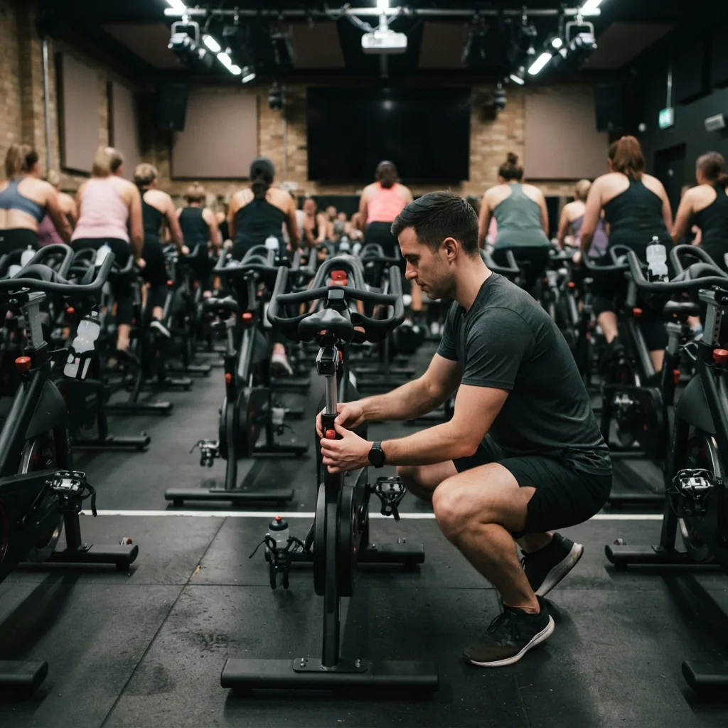 A coach beside the spin bikes in the studio