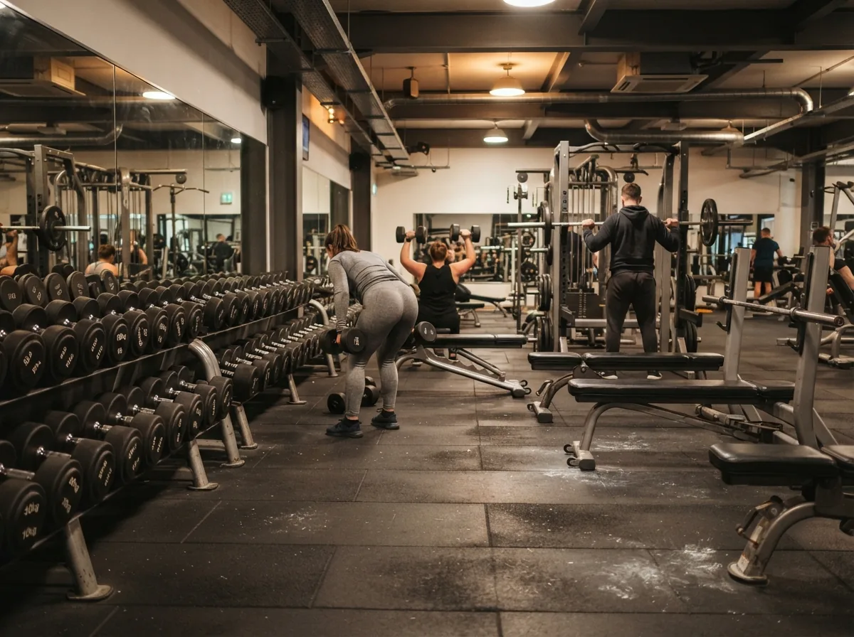 The free weights floor, with dumbbell racks and barbells