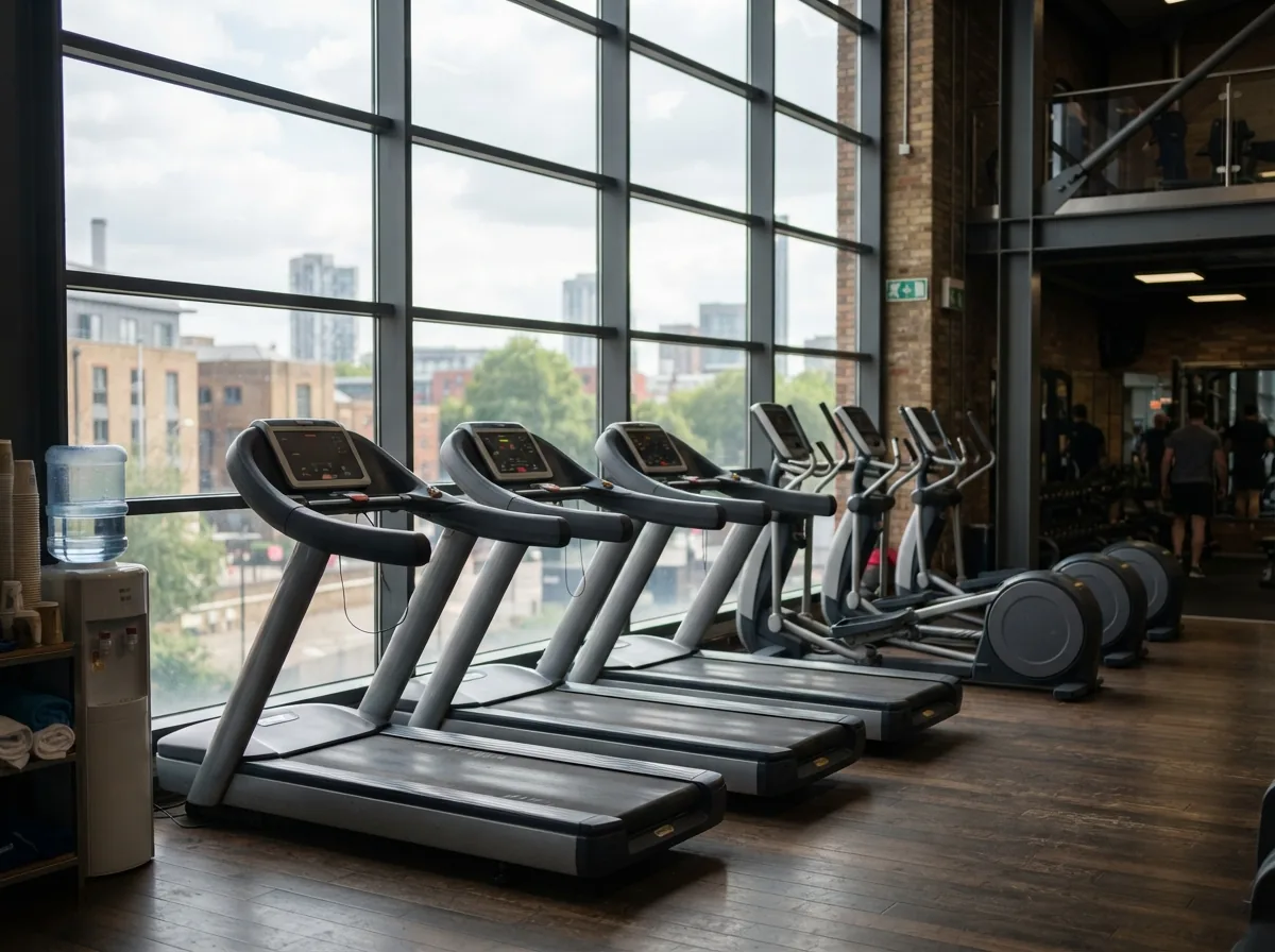 The cardio deck, with treadmills facing a big window