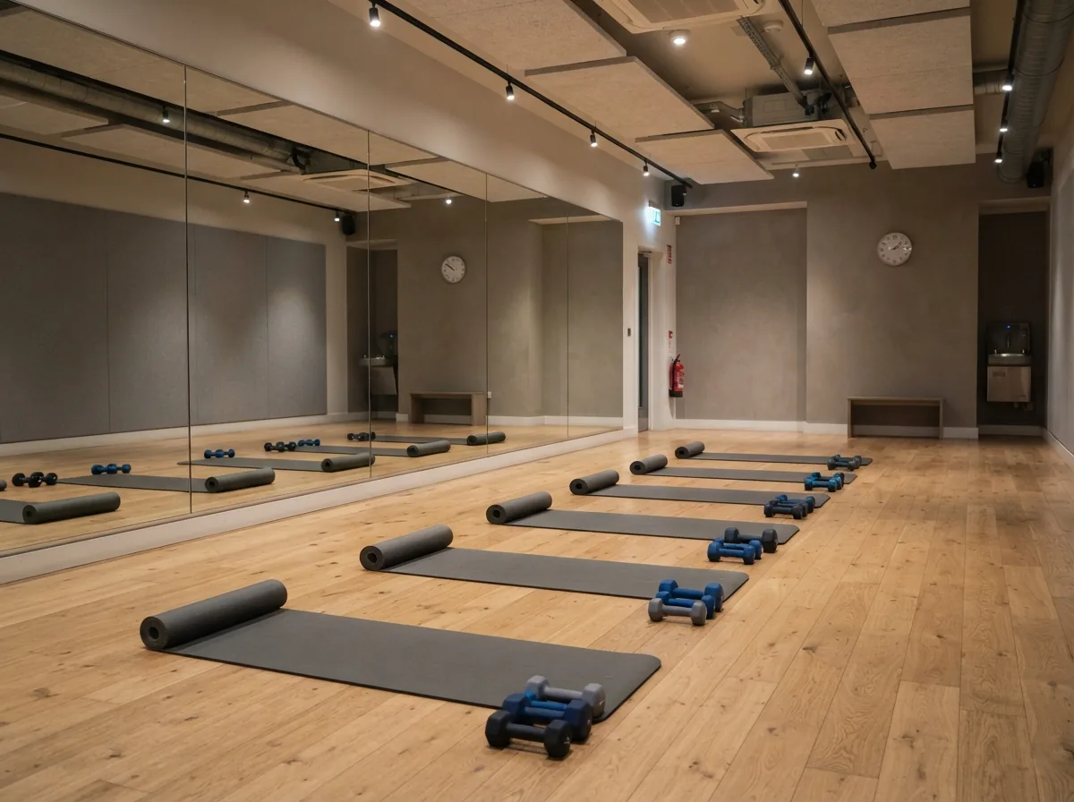 The studio, with a mirrored wall and mats laid out