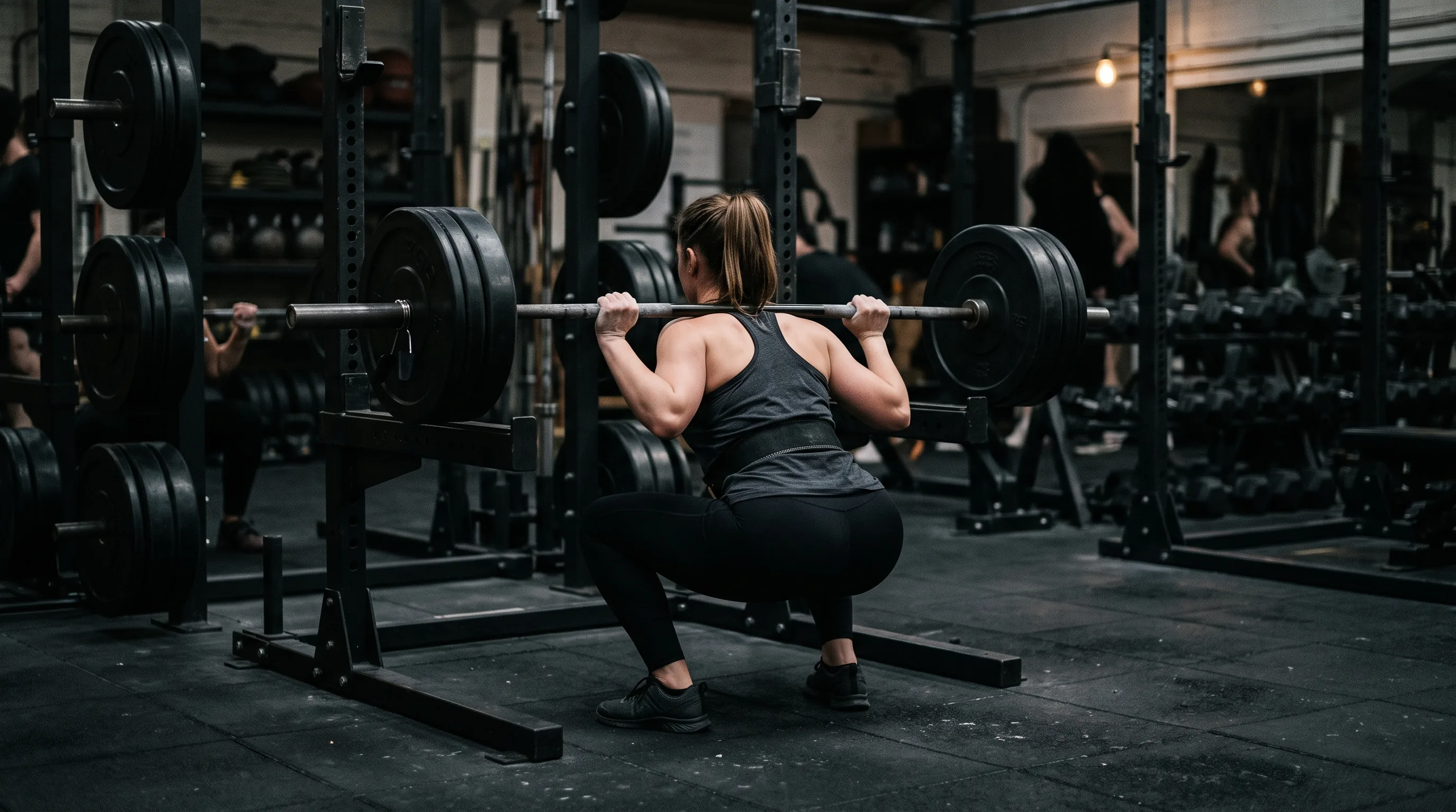 Someone squatting with a barbell in the rack