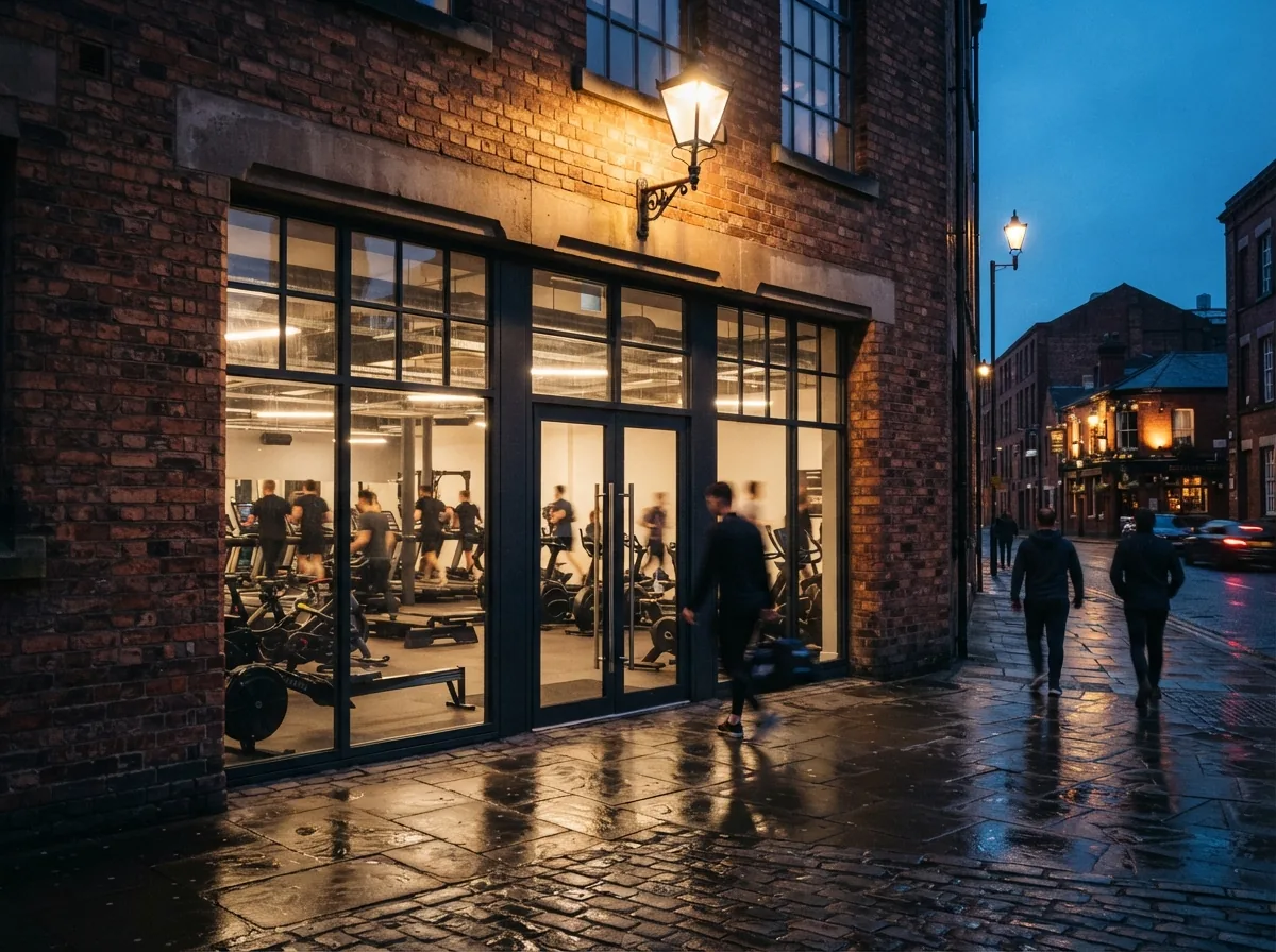 The glazed entrance to the gym at dusk