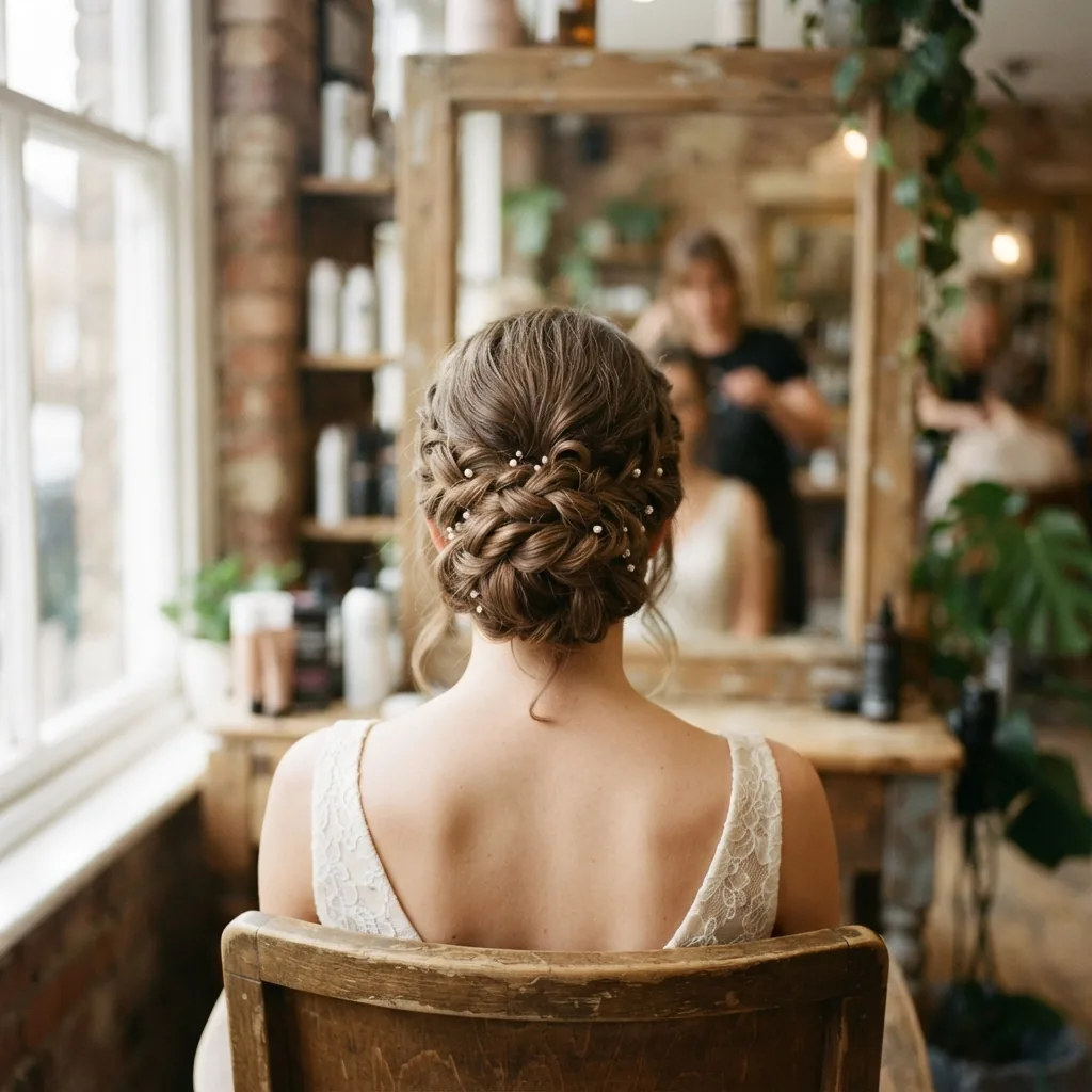 A low bridal chignon with plaited strands