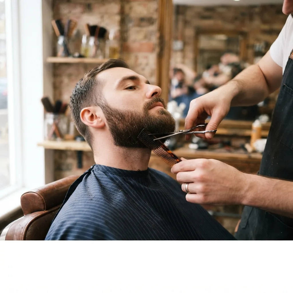 A beard being shaped in the barber chair