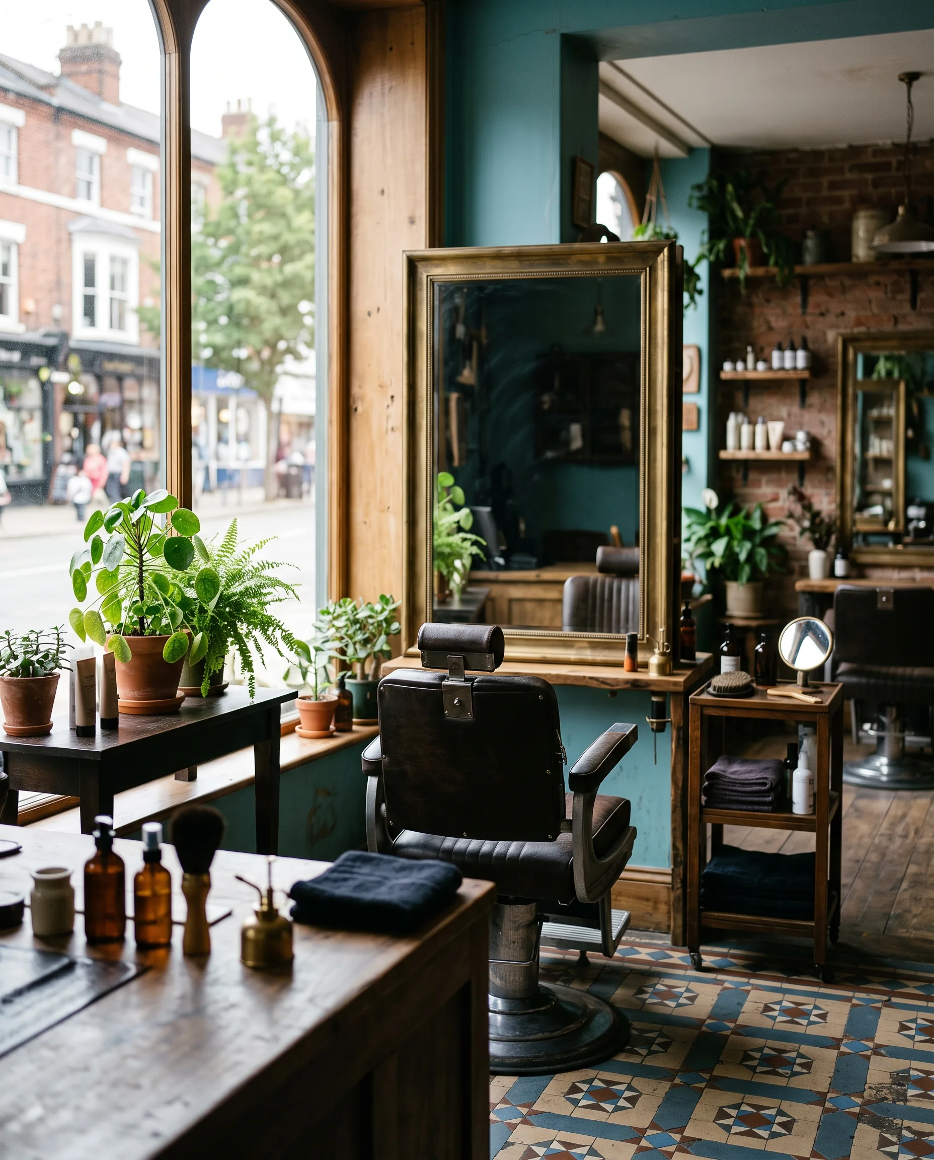 Inside the salon — a styling chair at a big mirror