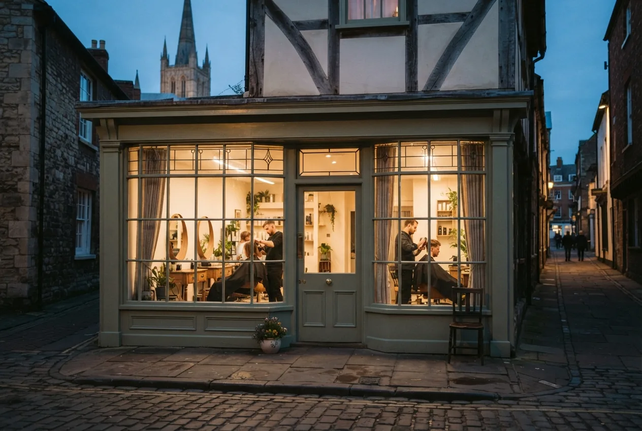The salon window at dusk with the lights on