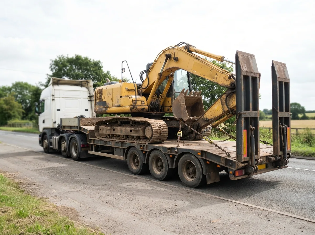 A machine chained down on a low loader for an abnormal load
