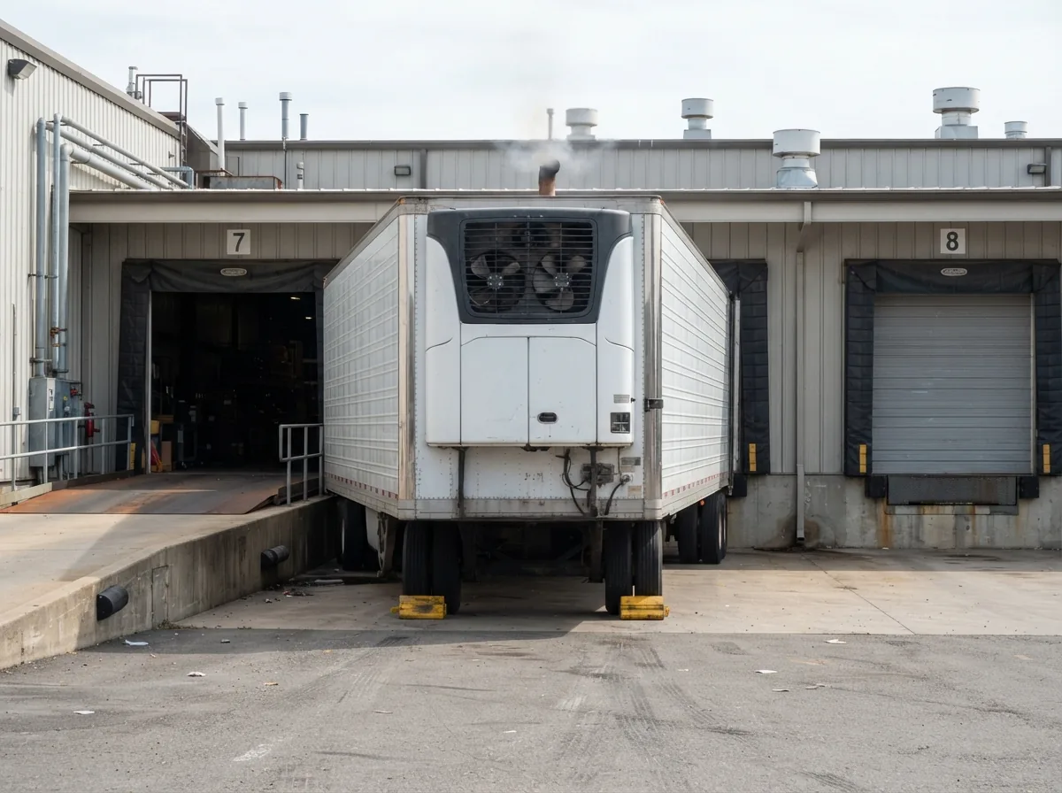 A fridge trailer with its unit running, backed onto a loading dock