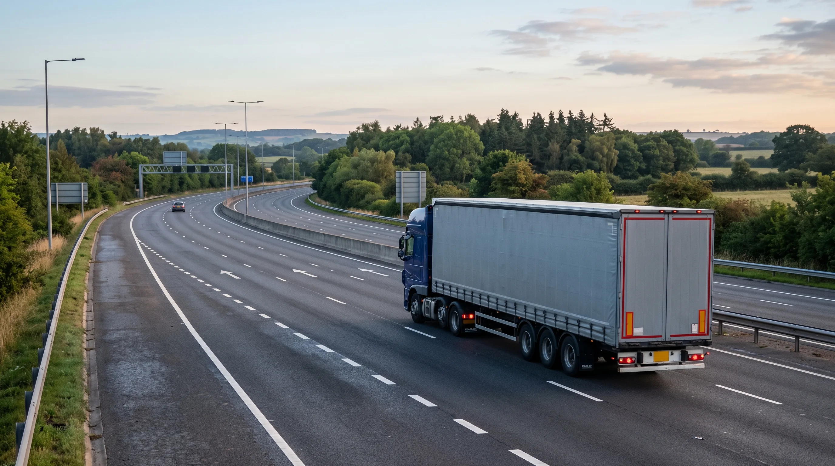 An articulated lorry on the motorway in the early light