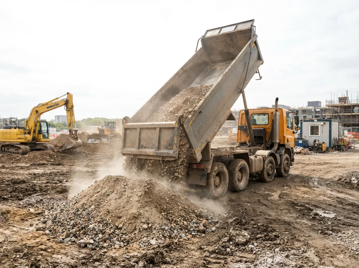 A tipper discharging aggregate on a site