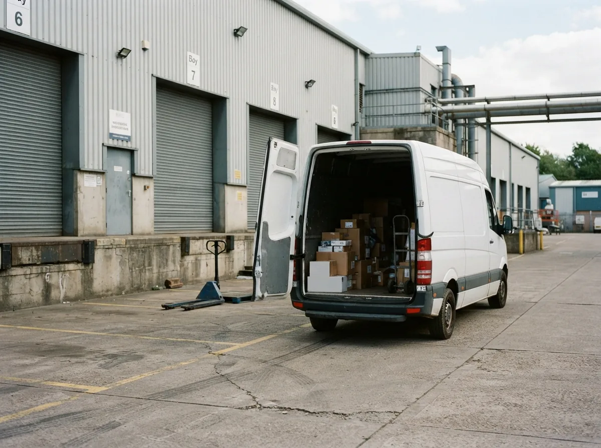 A 3.5 tonne van with the back doors open at a warehouse