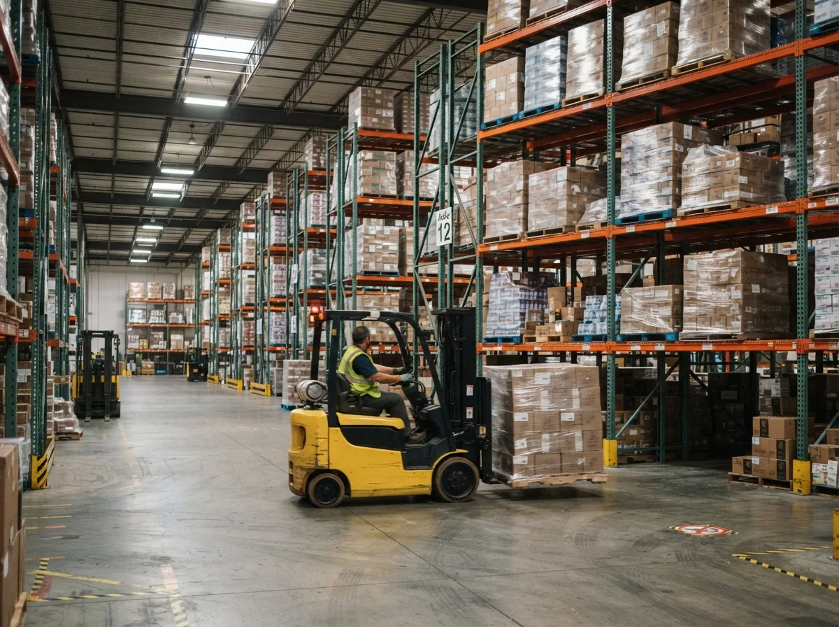 Our own warehouse, with pallets being loaded