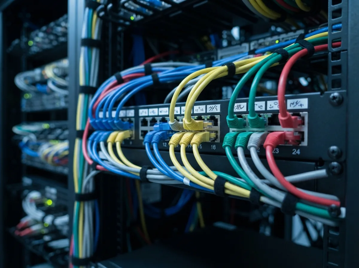 A patch panel with colour-coded, labelled network cables