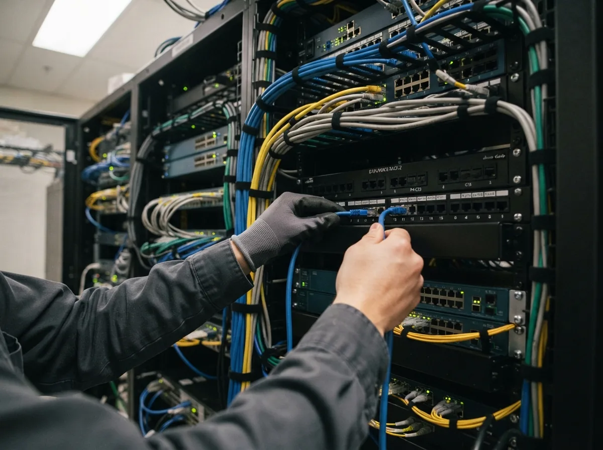 Patching cables into a panel in the cabinet