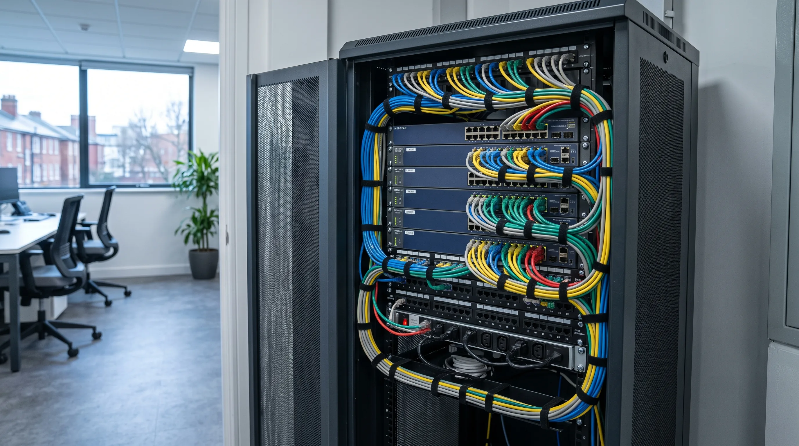 A comms cabinet with switches and patch panels in a small company’s server room