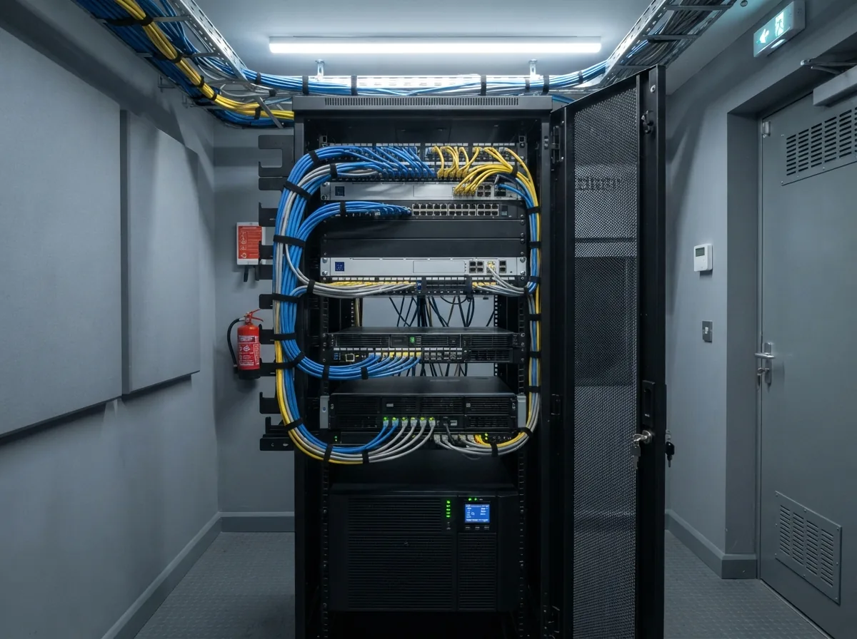 A small server room with a rack, a UPS and labelled cabling