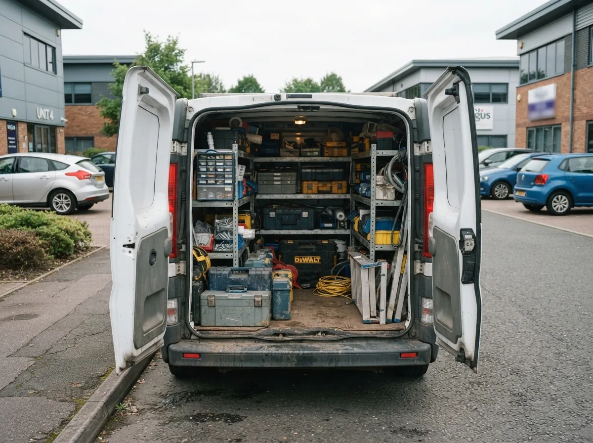 The back of a service van open, tools and spare parts inside