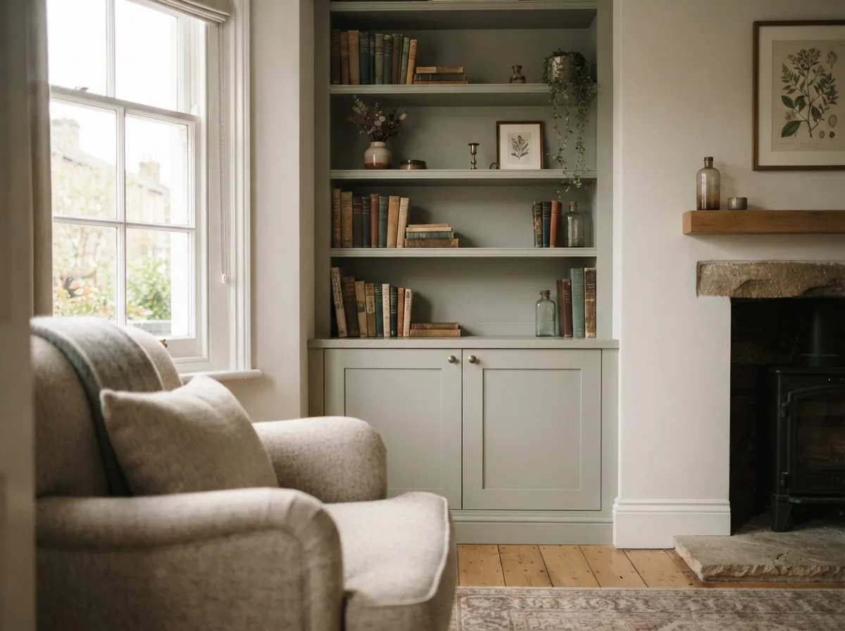 A fitted alcove bookcase in painted timber beside a chimney breast