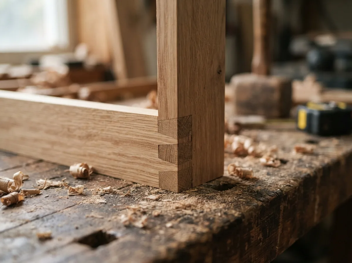 A hand-cut dovetail joint in oak, fitted together with no gaps