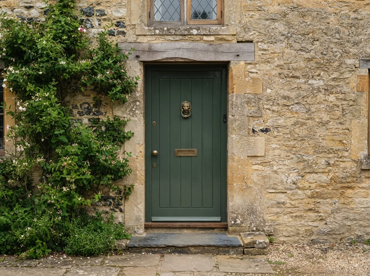 A painted solid timber front door newly fitted on a stone cottage