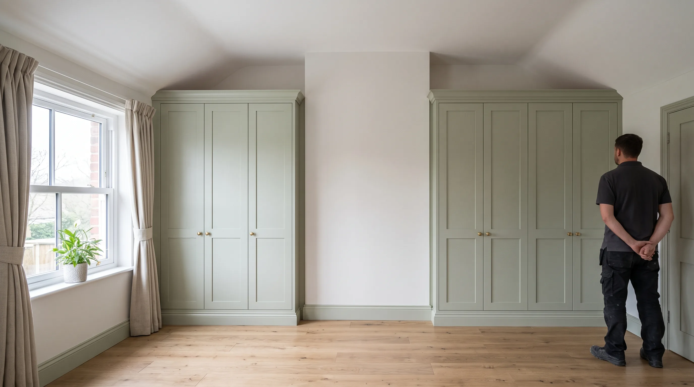 A run of bespoke fitted wardrobes in painted sage green in a bedroom alcove