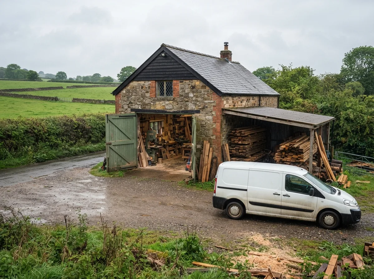 The workshop from outside — a converted stone barn with the doors open onto a gravel yard
