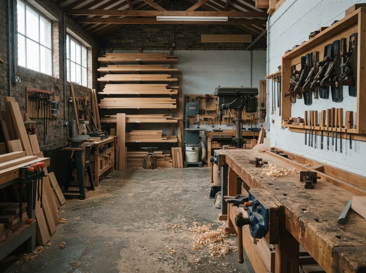A joinery workshop bench with hand planes racked on the wall and timber stacked behind