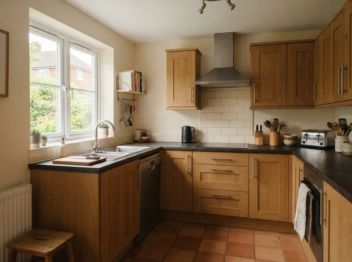 An L-shaped kitchen in oak veneer with a dark compact worktop