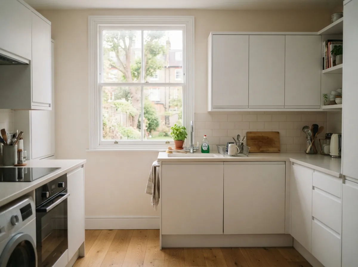 A white handleless kitchen in a flat, with the window over the sink