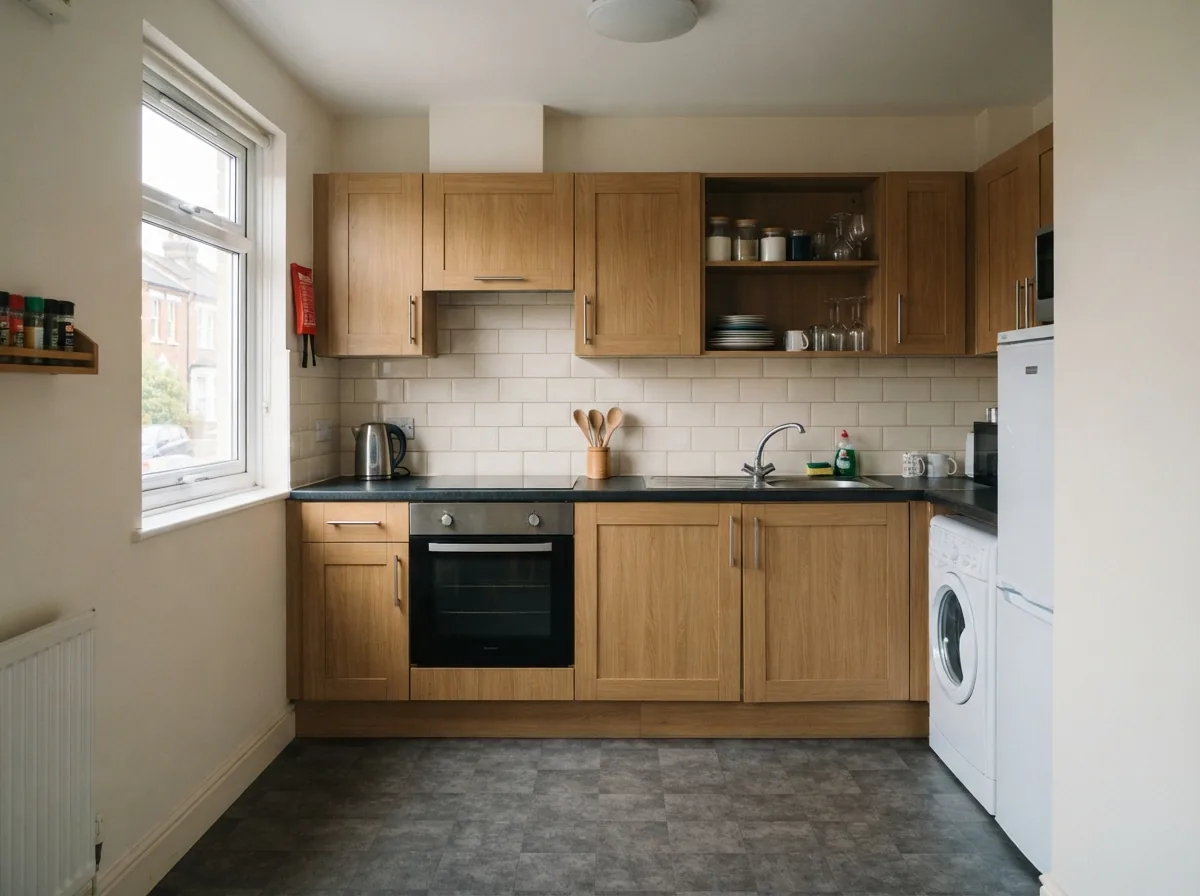 A plain straight run in oak-look laminate with a dark worktop in a small flat