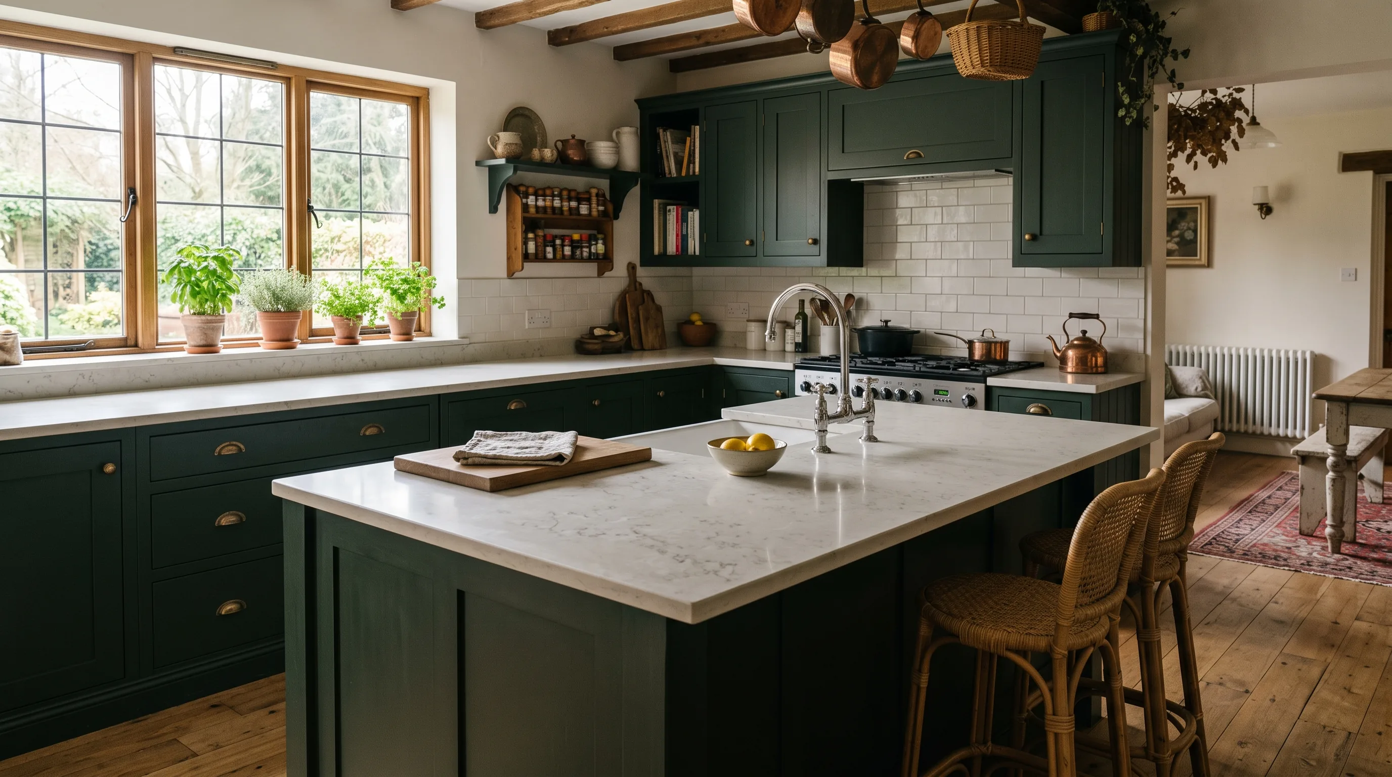 A fitted kitchen with an island, dark green matt doors and a pale stone worktop