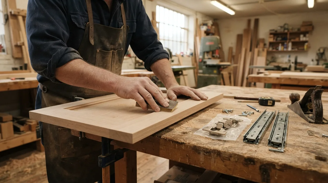 Sanding a kitchen door at the bench, hardware laid out beside it