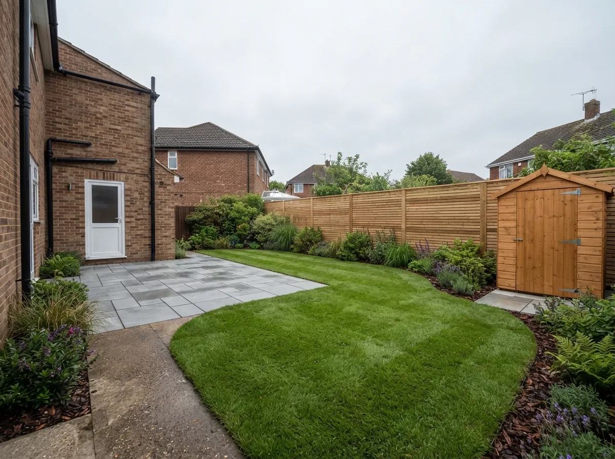 A newly landscaped garden with a paved patio, shaped lawn and new fencing