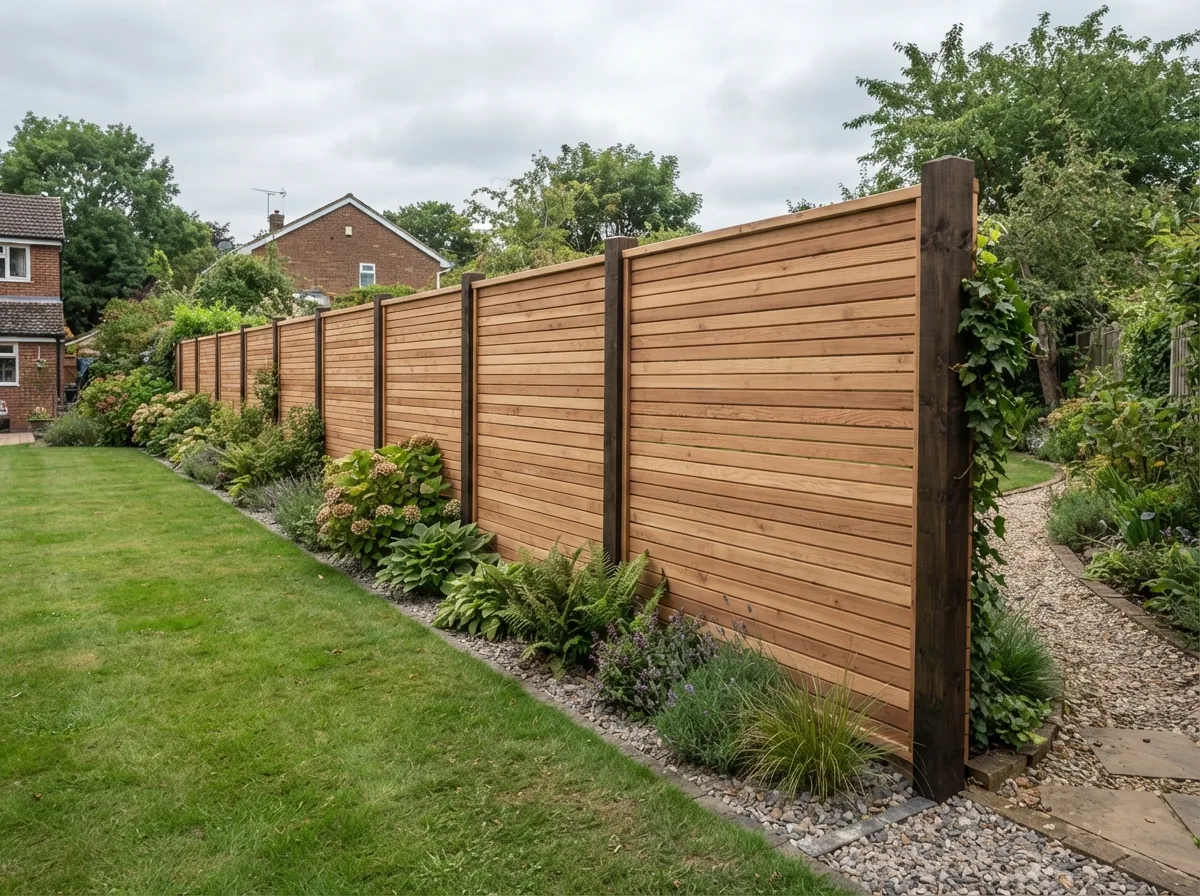 Newly installed slatted timber fencing along a garden boundary