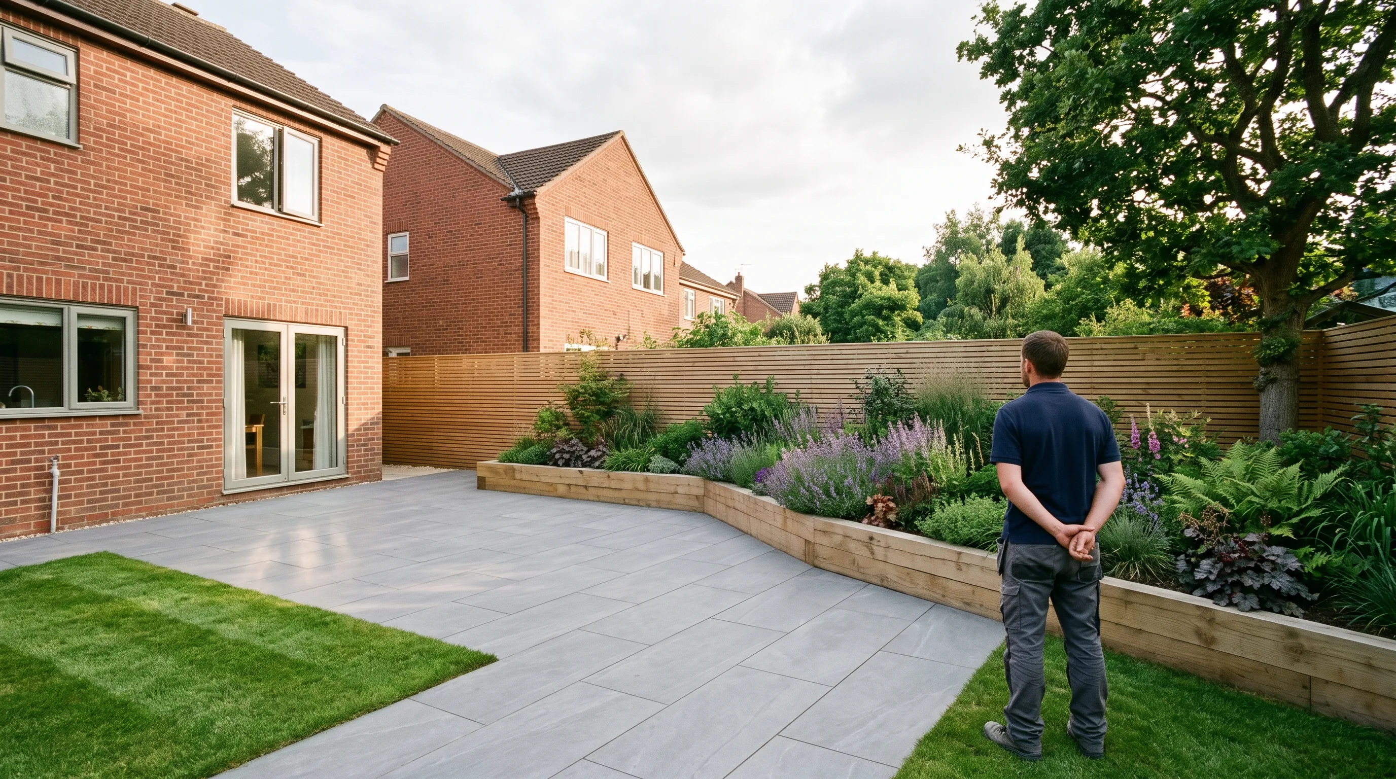 A finished back garden with a porcelain patio, shaped lawn and deep planting in evening light