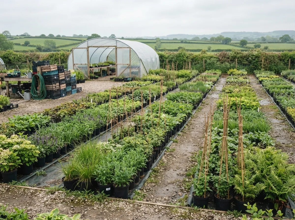 Rows of containerised perennials and young shrubs standing out at the nursery