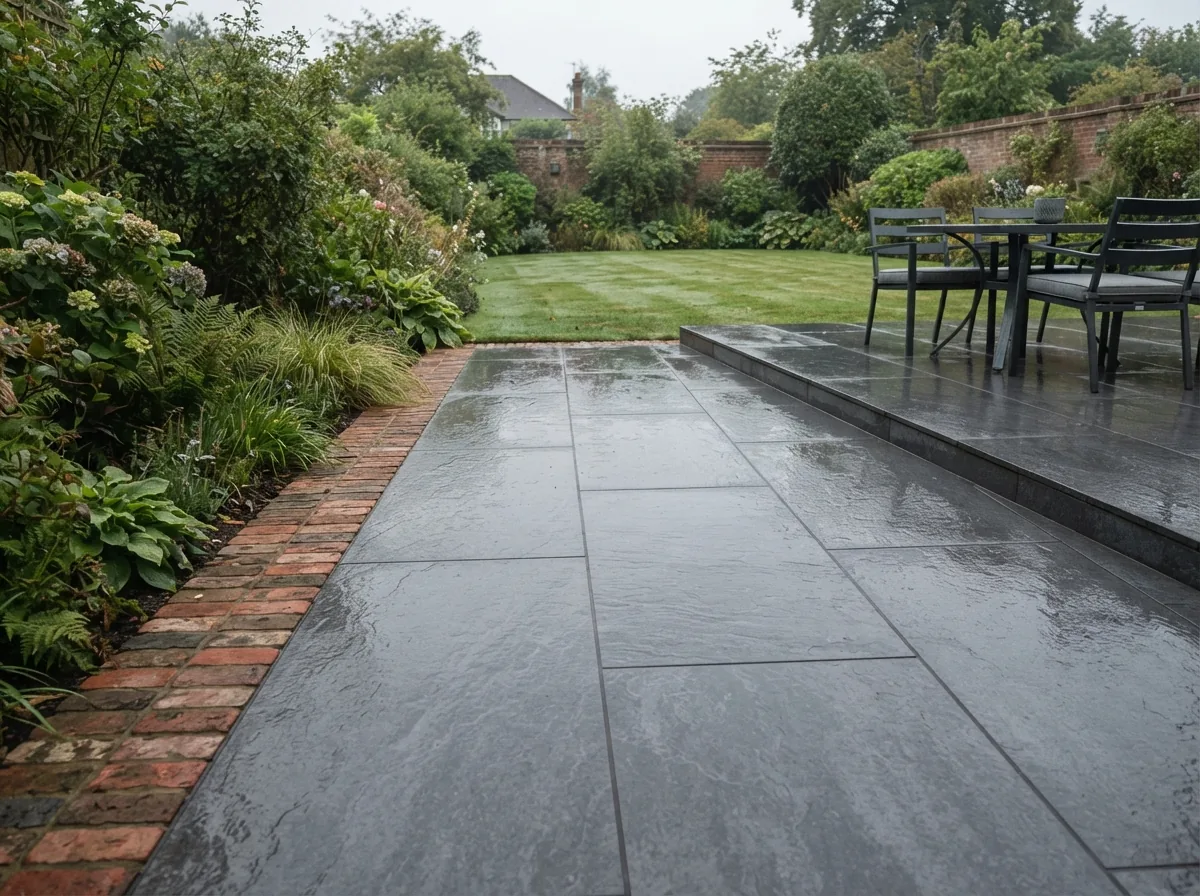 A new patio laid in large grey porcelain slabs with a brick border