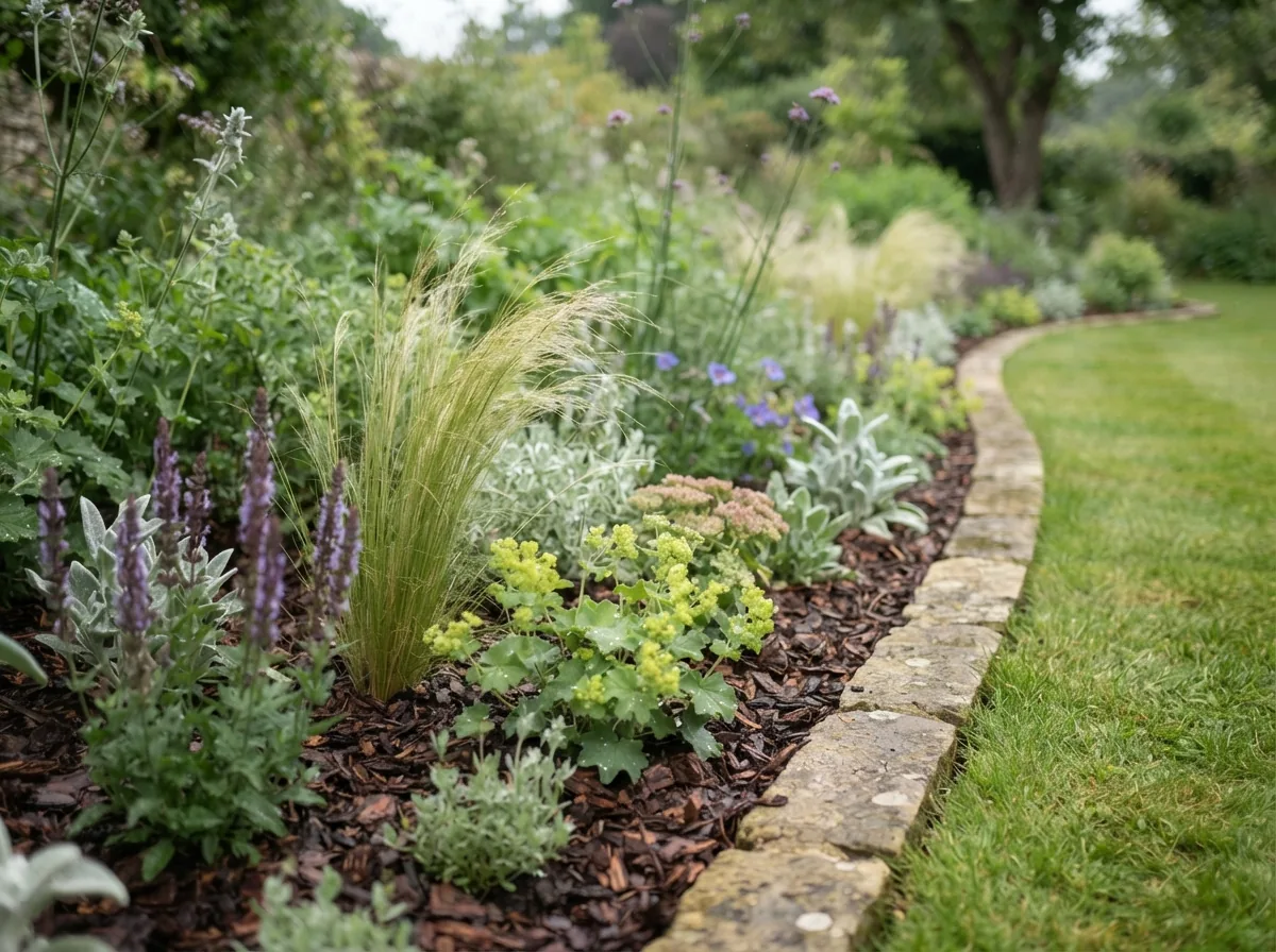 A newly planted border with mixed perennials and grasses, evenly bark mulched