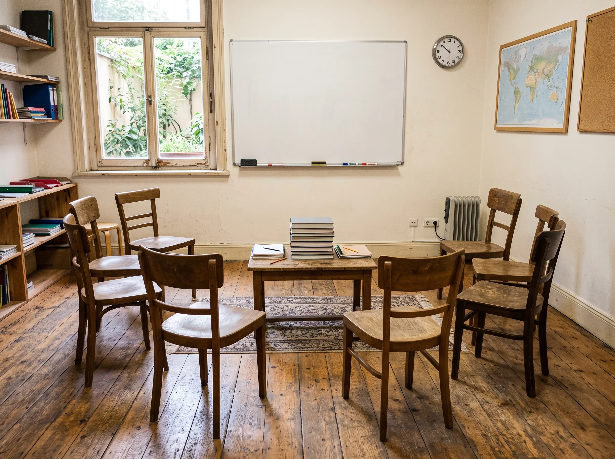 A classroom with the chairs in a circle, ready for a conversation class