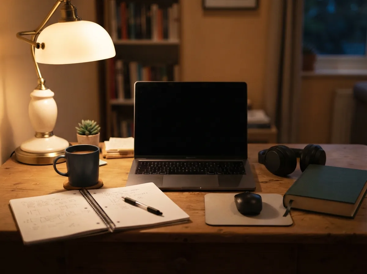 A desk set up for an online Spanish lesson — headphones, notebook and laptop